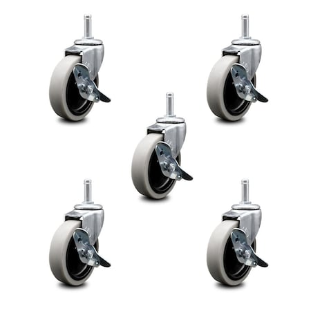 Service Caster 4 Inch Thermoplastic Wheel 1-3/8 Inch Grip Ring Stem Caster with Brakes, 5PK SCC-GR05S410-TPRS-SLB-716138-5